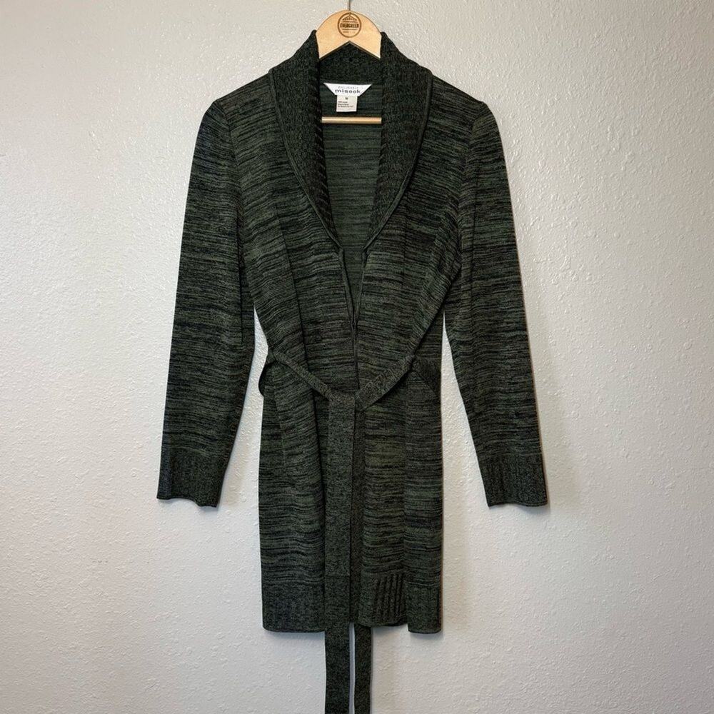 Exclusively Misook Sweater Cardigan Acrylic Knit Tie-Belt Long Robe Green Medium - Picture 3 of 8